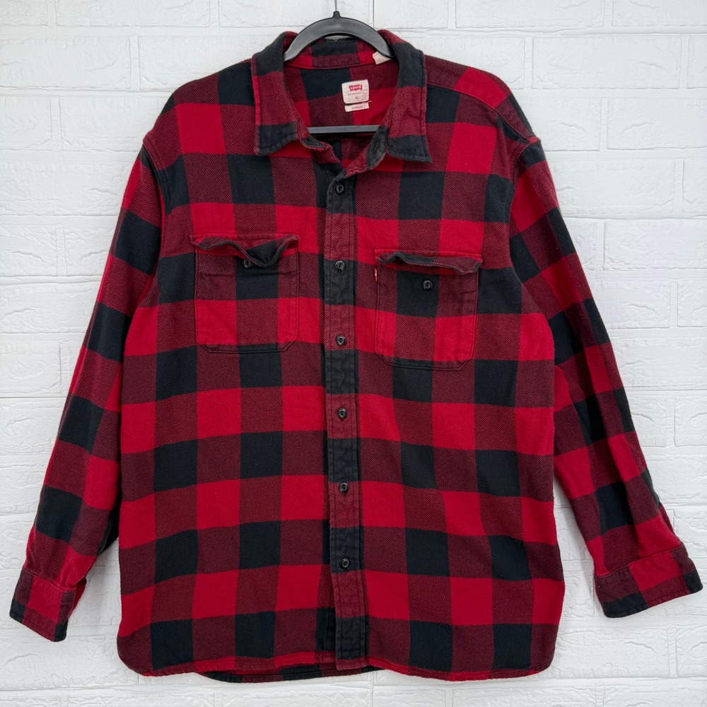 Levi's Flannel Shirt Mens XL Red Black Buffalo Plaid Long Sleeve Button Up